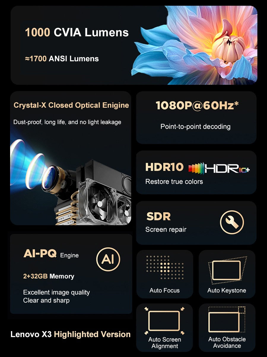 Projetor Lenovo X3 1080P 2K com foco automático compatível com jogos, smart TV, WiFi, Bluetooth, Android e home theater smart.