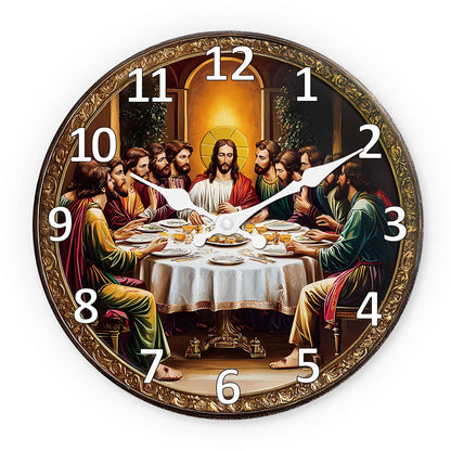 A Retro Religious“The Last Dinner” Wooden Wall Clock Living Room Bedroom Kitchen Home Decoration Wall Clock Silent Quartz Clock Holiday Gift 10 Inches 12 Inches 14 Inches 16inch (Without Batteries)