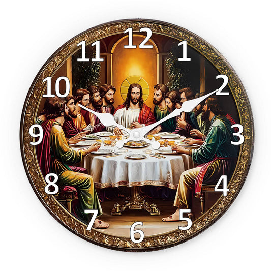 A Retro Religious“The Last Dinner” Wooden Wall Clock Living Room Bedroom Kitchen Home Decoration Wall Clock Silent Quartz Clock Holiday Gift 10 Inches 12 Inches 14 Inches 16inch (Without Batteries)