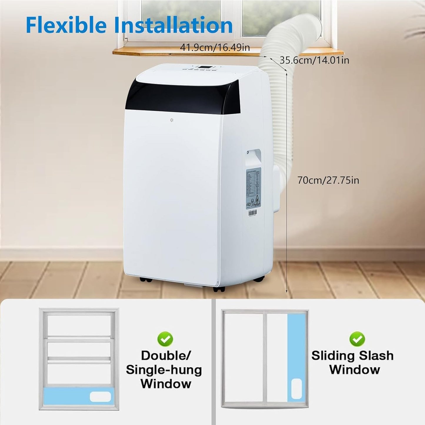 Ar-condicionado portátil 14000 BTU, unidade de AC de chão 3 em 1 com ventilador, desumidificador, controle remoto, modo de hibernação