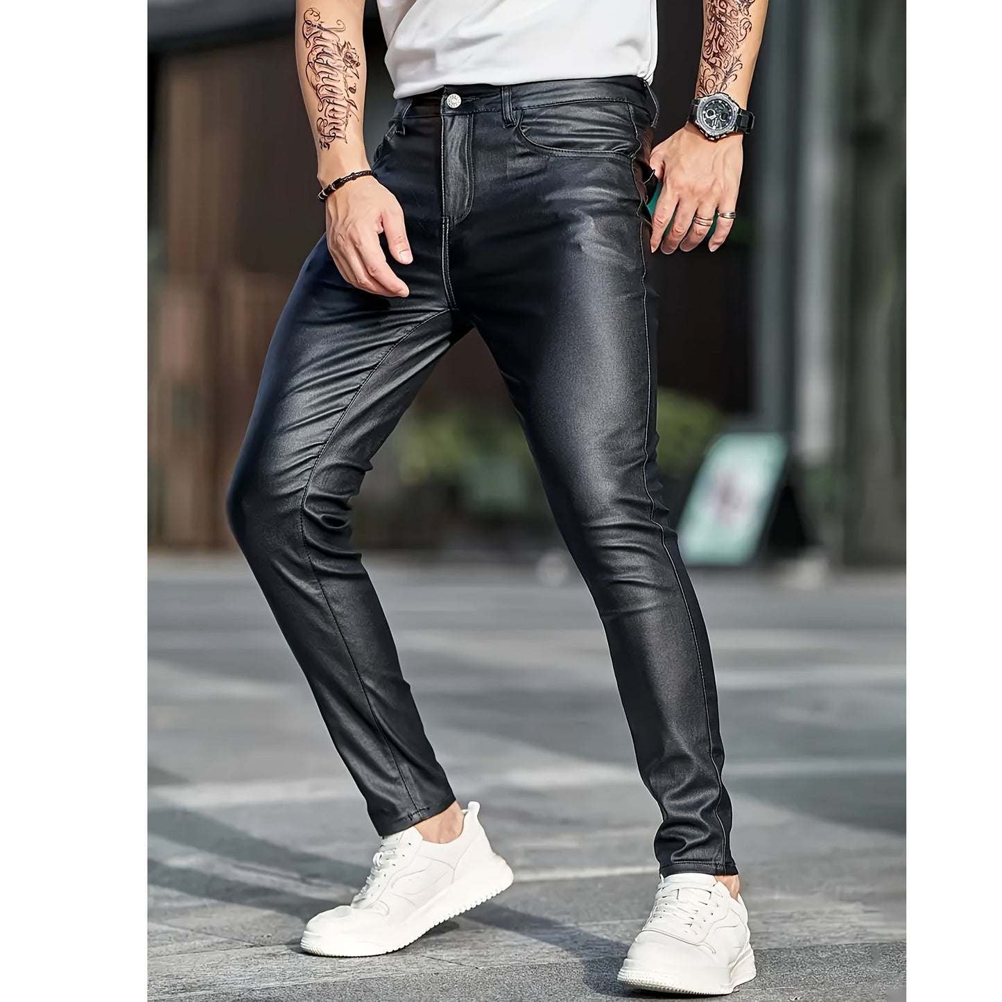 European and American men's plus size hot fashion black leather pants trend high-end slim fit small leg pants versatile pants