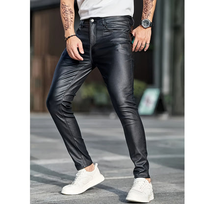 European and American men's plus size hot fashion black leather pants trend high-end slim fit small leg pants versatile pants