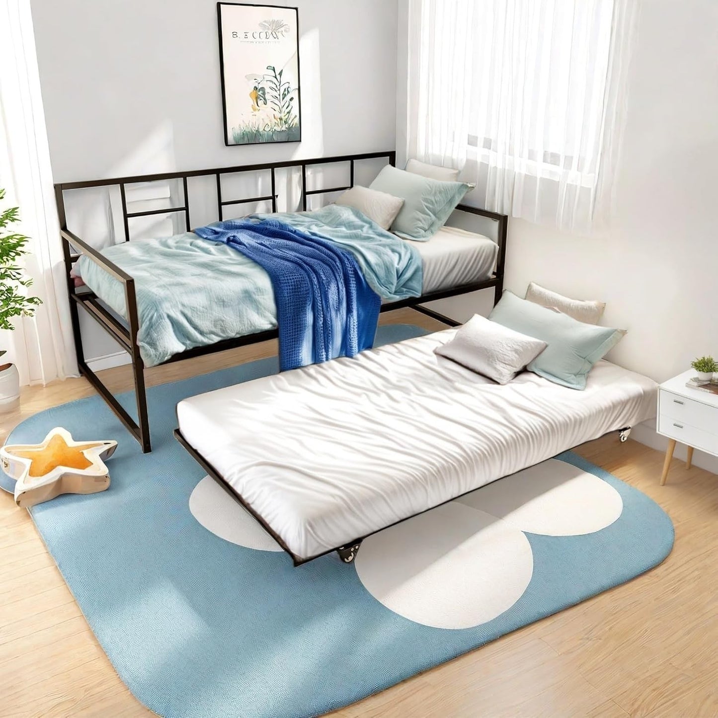 Cama-Sofá com Bicama, Cama de Solteiro com Altura Ajustável e Bicama Retrátil, Sofá-Cama com Suporte de Estrado de Aço para Sala de Estar