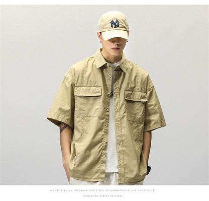 Summer Japanese Cargo Short Sleeve Shirt Men's Pockets Button Turn-down Collar Shirts Fashion Casual Cardigan blouses Tops