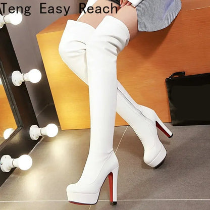 White Platform Women Boots Stertch Pu Leather Over The Knee Boots Fashion Square High Heel Long Boots Autumn Winter Zip Shoes