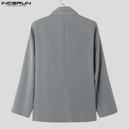 INCERUN Korean Fashion Men Blazer Casual  Long Sleeve Solid Tops Pocket Button Steetwear Male Outfits Well Fitting Vintage Coats