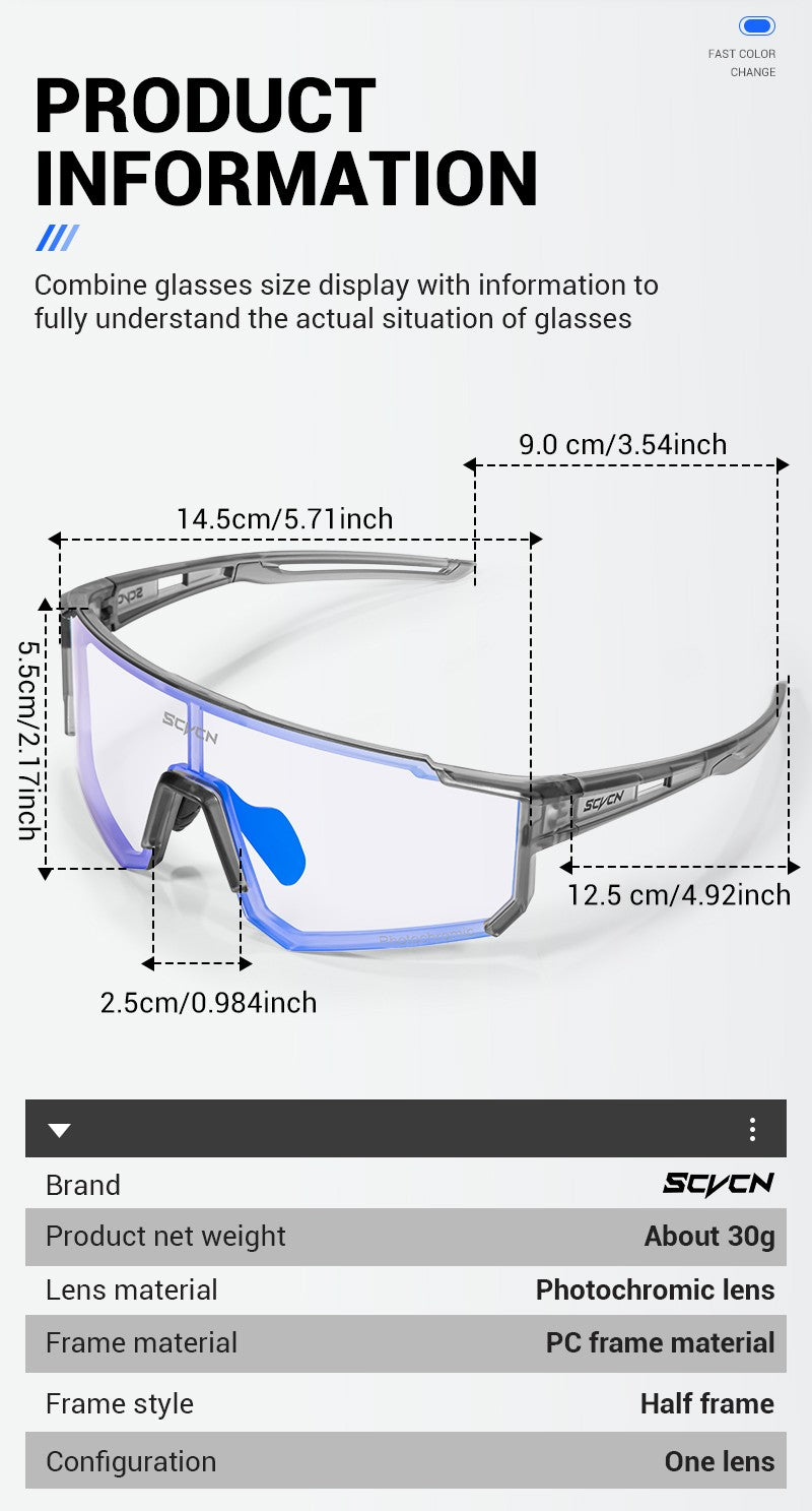 Óculos de Sol Fotocromáticos SCVCN Óculos de Ciclismo para Esportes ao Ar Livre Masculino Feminino MTB Escalada Óculos de Condução para Bicicleta Novo