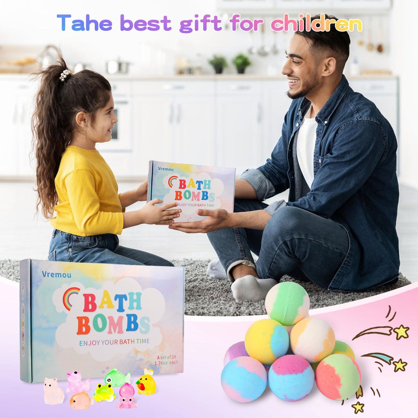 Bombas de Banho para Crianças com Surpresa Dentro, 24 Unidades de Efervescentes de Banho de Espuma Naturais Orgânicos para Meninas e Meninos com Brinquedos de Banho Dentro