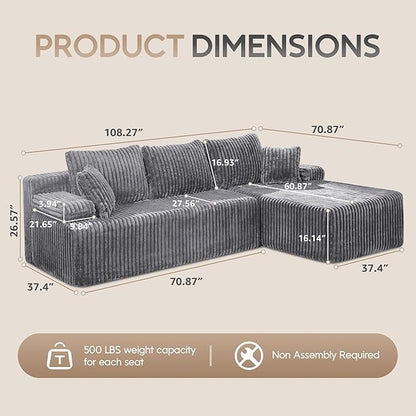 Modular L-Shaped 3-Seat Sectional | Memory Foam with Deep Seating & Storage Modules | Living Room Sofa