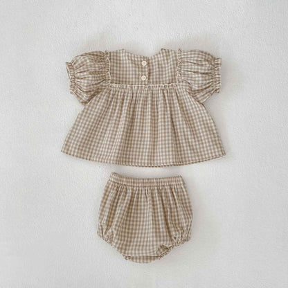 Girls Summer Fashion Set Children's Embroidered Grid Puff Sleeve Top+Shorts Two Piece Cute Baby Girls Clothes Set Baby Clothes