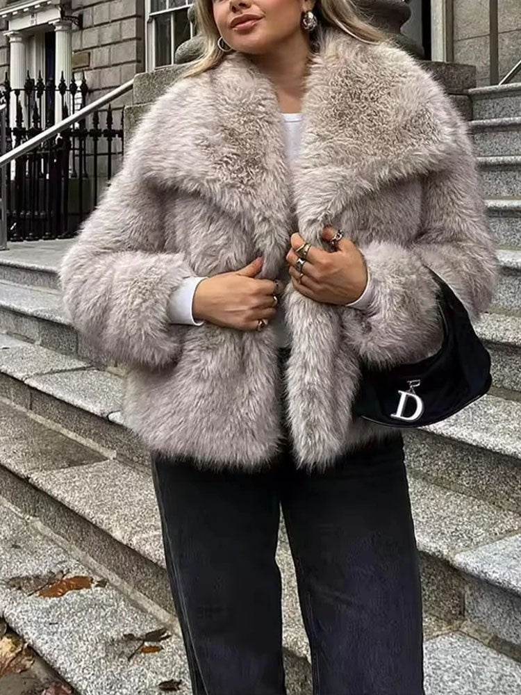 HH 2025 Vintage Women Cropped Faux Fur Jacket Long Sleeve Turn-Down Collar Female Plush Wool Coats Chic Lady Fur Outerwear