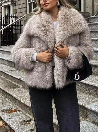 HH 2025 Vintage Women Cropped Faux Fur Jacket Long Sleeve Turn-Down Collar Female Plush Wool Coats Chic Lady Fur Outerwear