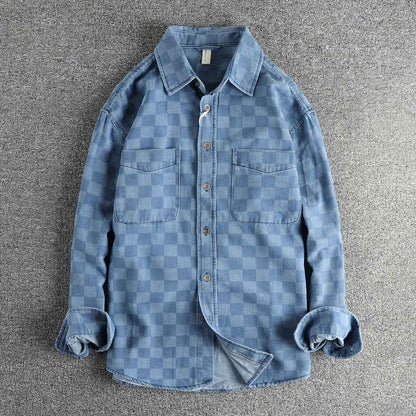 Spring Japanese Retro Long Sleeve Lapel Denim Plaid Cargo Shirts Men's High Street 100% Cotton Washed Loose Casual Thin Jacket
