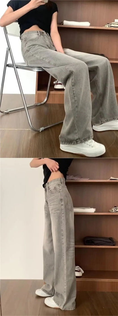 High Waist Wide Leg Jeans Women's Vintage Spring Autumn Slimming Straight Floor-Length Pants American Style Loose Fit