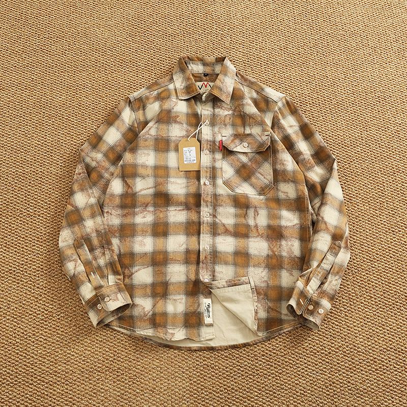 Autumn New Japanese Retro Long-Sleeve Lapel Plaid Cargo Shirt Men's Simple 100% Cotton Washed Pocket Casual Blouses Thin Coat