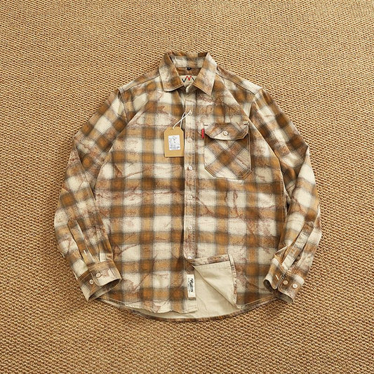 Autumn New Japanese Retro Long-Sleeve Lapel Plaid Cargo Shirt Men's Simple 100% Cotton Washed Pocket Casual Blouses Thin Coat
