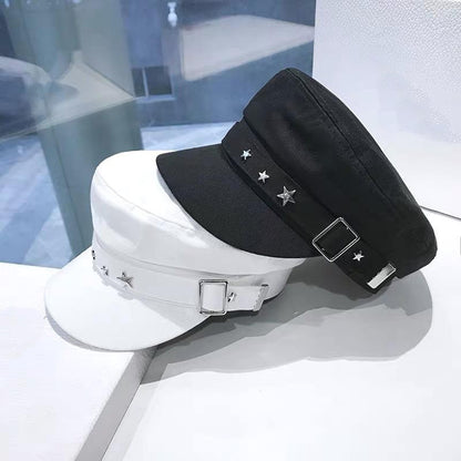 Chapéu Feminino Fashion com Fivela de Metal, Boné Octogonal de Algodão, Boina de Estrela Elegante para Inverno, Boina Estilo Cinto, Chapéu Plano Streetwear