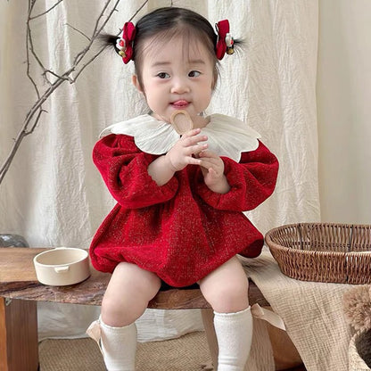 Newborn Christmas Red Clothes Autumn Kids Baby Girls Sweet Petal Collar Princess Rompers Infant New Baby Girls Rompers Clothes