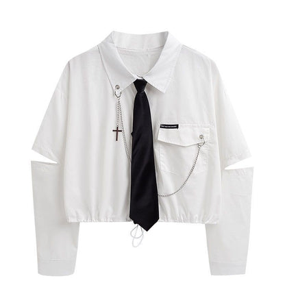 Unisex Student Workwear Outfit, Baggy Black Cargo Pants Set with White Short Shirt, Korean Loose Fit Street Style 2PC Coords