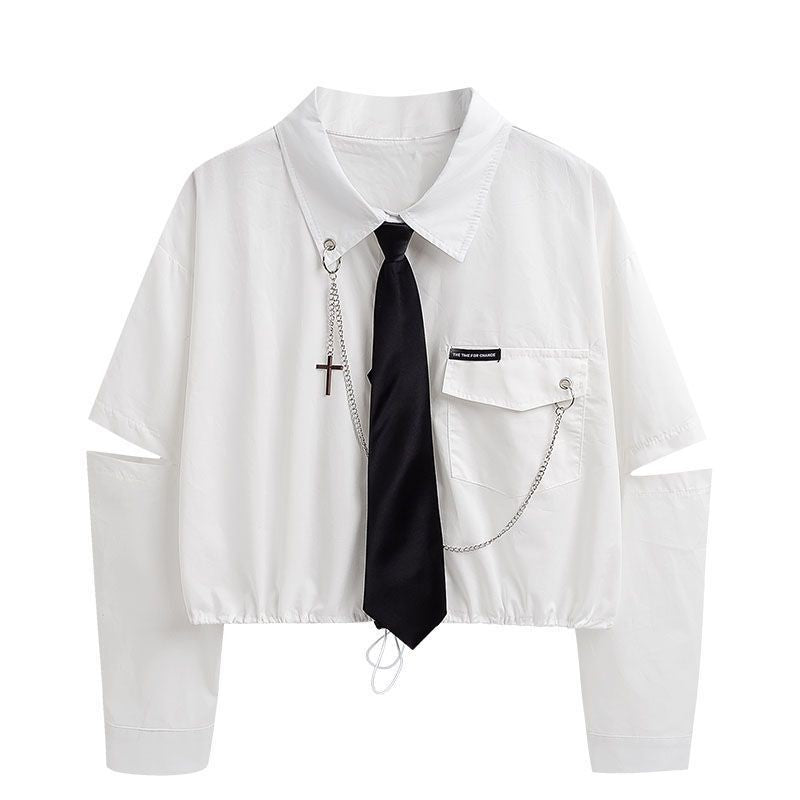 Unisex Student Workwear Outfit, Baggy Black Cargo Pants Set with White Short Shirt, Korean Loose Fit Street Style 2PC Coords