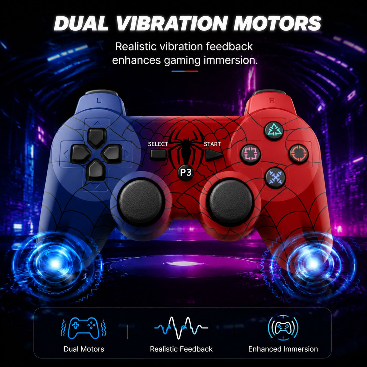 Wireless Controller for Spider-Man PS3 Dual Analog Rechargeable Game Controller for P3 Console with Cable Dual Vibration
