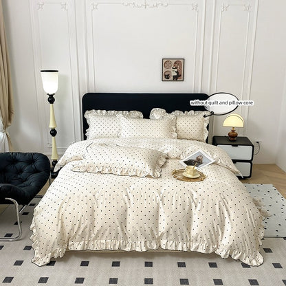 Conjunto de capa de edredom coreana de renda 3 peças (1*Capa de Edredom + 2*Fronhas, Sem enchimento), Conjunto de cama com estampa de bolinhas pretas