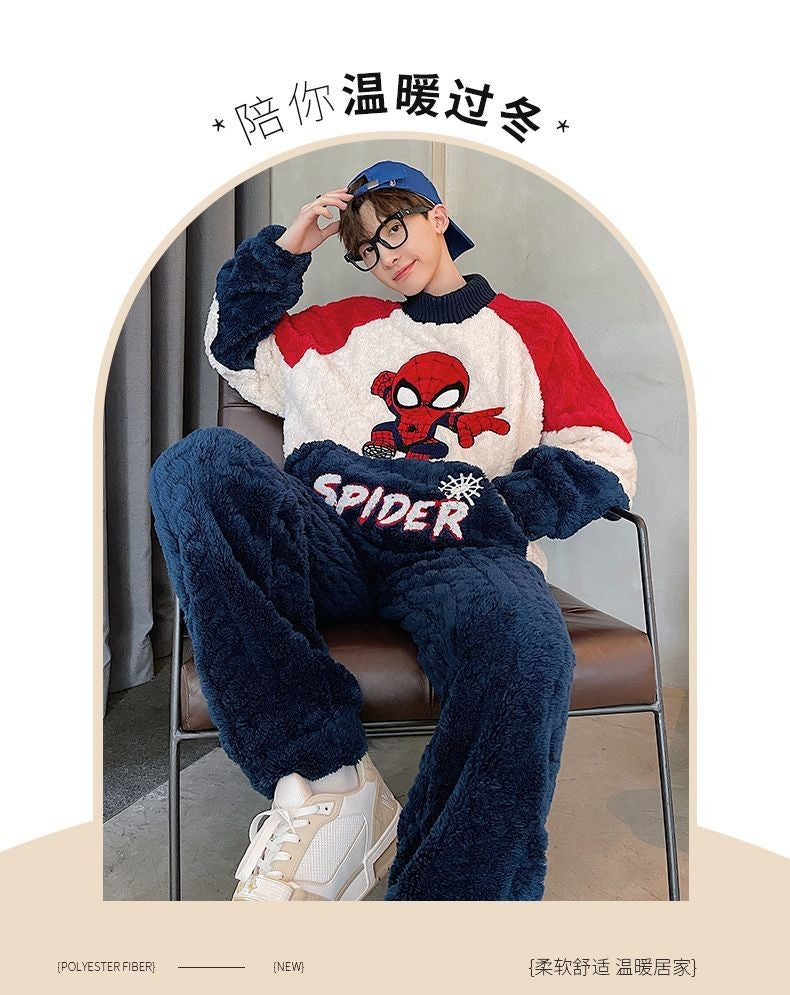 Conjunto de Pijama Masculino Homewear Marvel Homem-Aranha Anime Novo Bonito Desenho Animado Criativo Padrão Simples Moda Flanela Macia Engrossada Quente