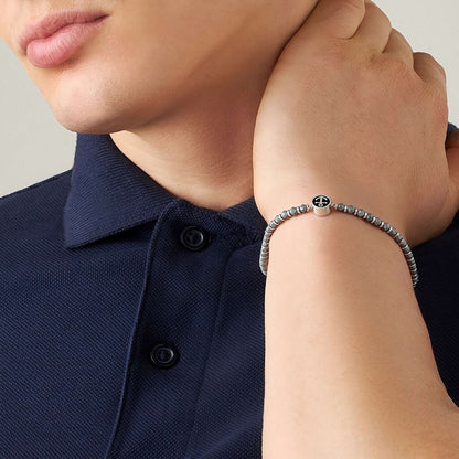 Pulseira Masculina Runda com Pingente Âncora em Hematita Preta Aço Inoxidável Ajustável 22cm Joia de Miçangas com Amuleto da Moda