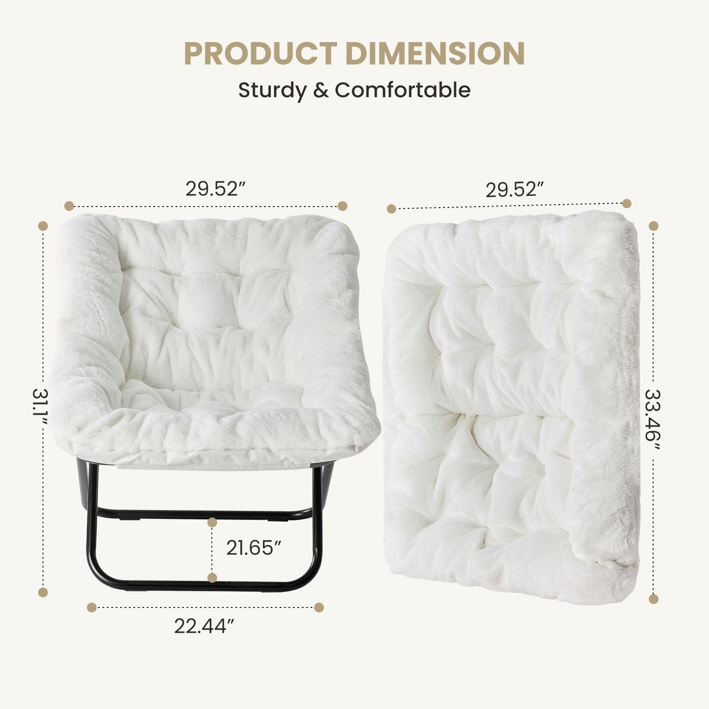 JHK 28IN Cozy Saucer Chairs Soft Faux Fur Large Size Folding Lounge Living Room Padded Seat Metal Frame Reading Chair Furniture