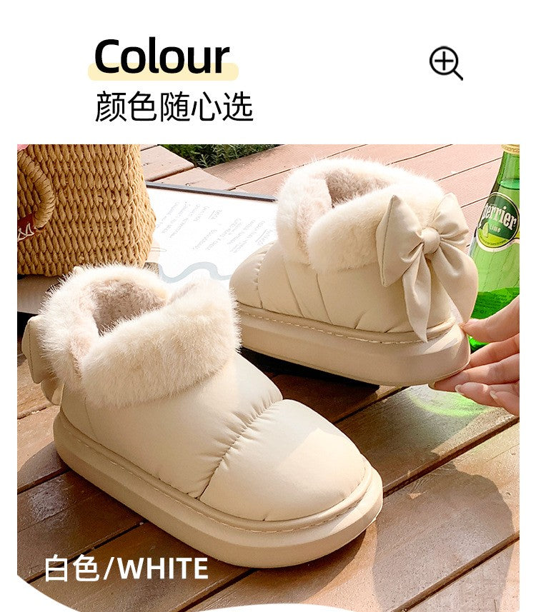 Cute Warm Ankle Boots Winter Women's Bow Warmth Plush Bow Cotton Shoes 2025 New Waterproof Down Cloth Short Barrel Snow Boots