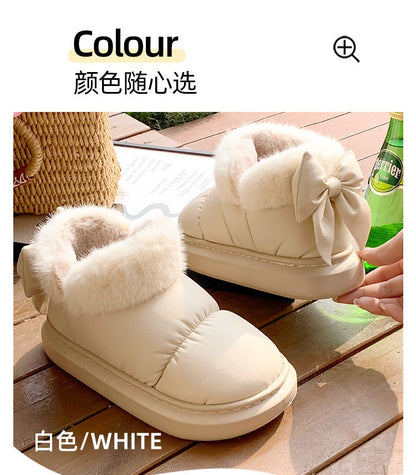 Cute Warm Ankle Boots Winter Women's Bow Warmth Plush Bow Cotton Shoes 2025 New Waterproof Down Cloth Short Barrel Snow Boots