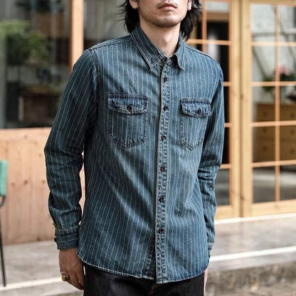 Amekaji Cargo Shirts Men's Vintage Vertical Stripe Denim Jackets Washed Distressed Pocket Trim Casual Coats Spring Autumn Shirts