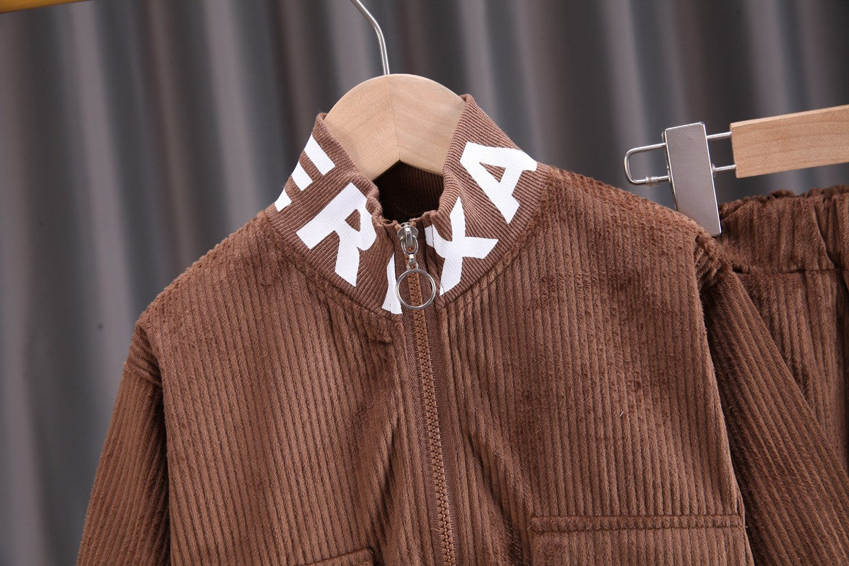 Baby boy clothes corduroy zipper long sleeved casual sports two-piece set for 0-5 year old fashionable girls with top and pants