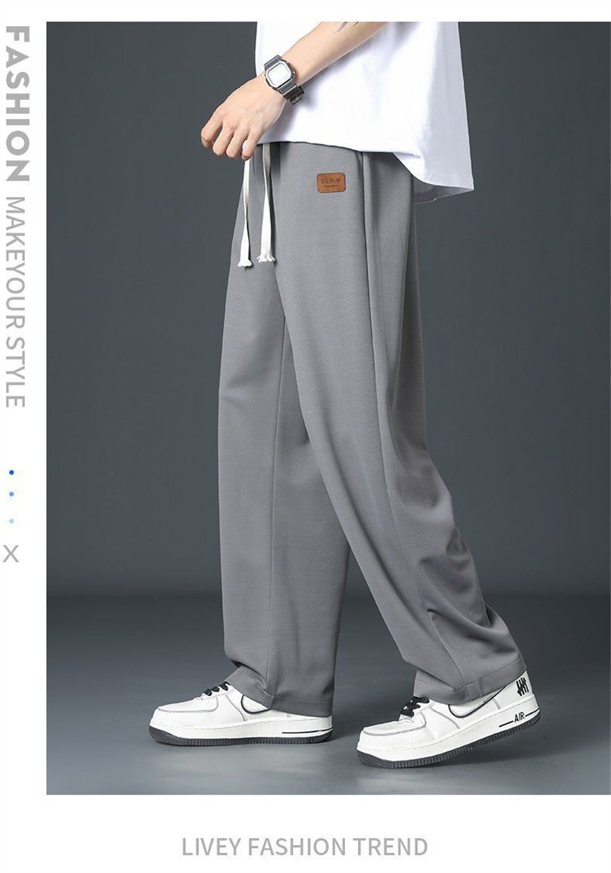 Calça Reta Preta Masculina, Calça Casual de Verão de Perna Larga Harajuku Estudantil, Calça de Rua, Moletom Cinza Descolado