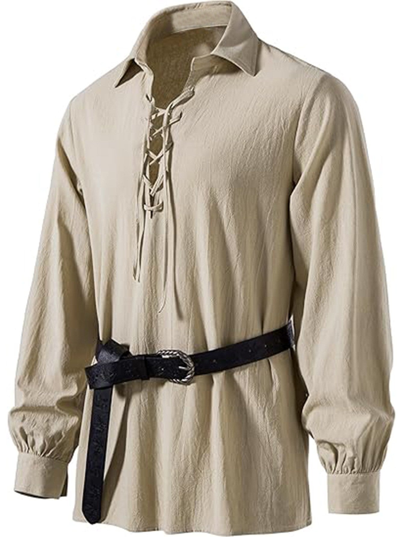 Men Medieval Pirate Shirt Lapel Lace Up Long Sleeve Blouse Renaissance Viking Halloween Cosplay Loose Puff Cuff Tops