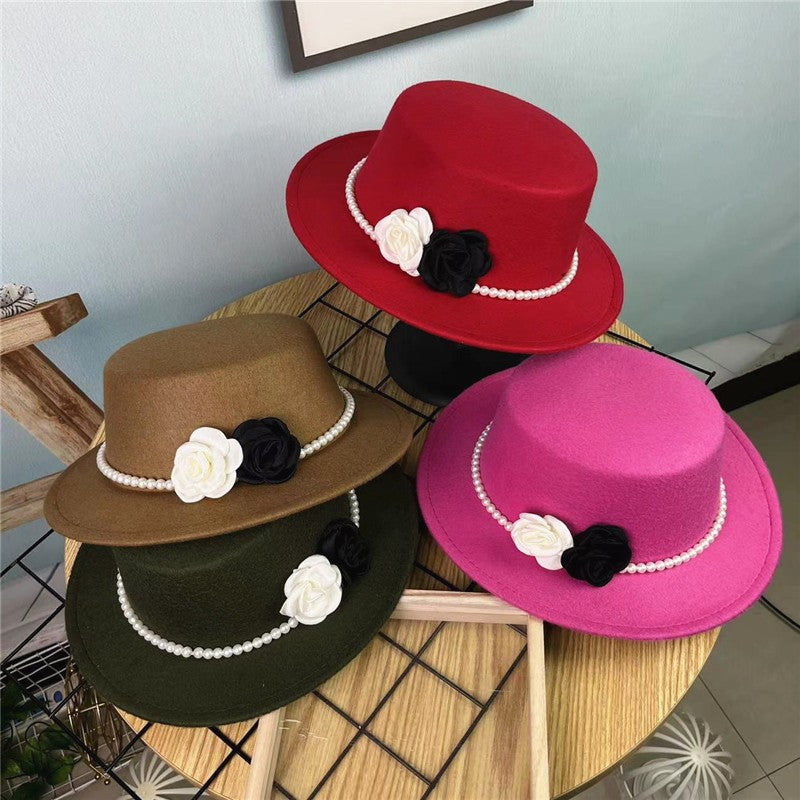 Chapéu Fedora Feminino Corrente Floral Alta Costura com Alfinetes de Pérola Boné em Relevo Preto Branco Outono Inverno Chapéu de Aba Larga para Meninas