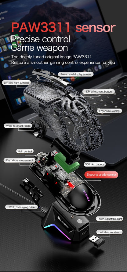 SMAILWOLF M8 Triple-Mode Wireless Mouse Connectivity for PC&Laptop 12000 DPI RGB Gaming Mouse with Magnetic Charging