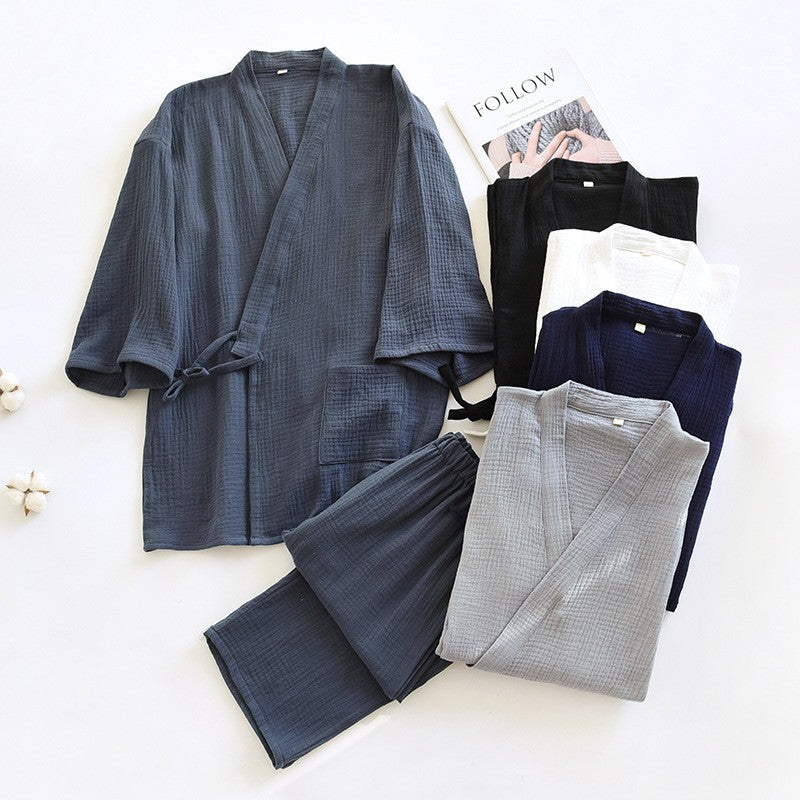 Large Size Kimono Robes with Pocket and Long Pants 2 Pcs Pajamas Set for Men Sleepwear Clothes Cotton Pjamas for Men