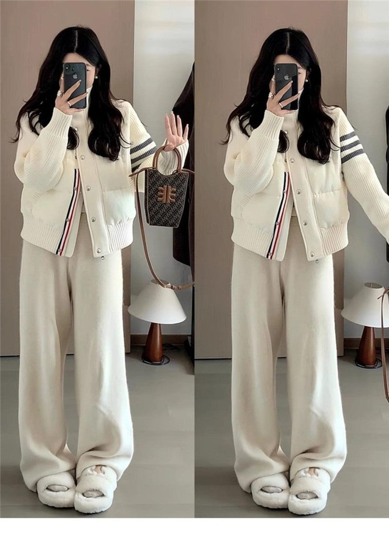 Little Women's Wear Knitted Stitching Coat Down Cotton-padded Short Female 2025 Winter Casual Jacket Loose Collar Thick Overwear