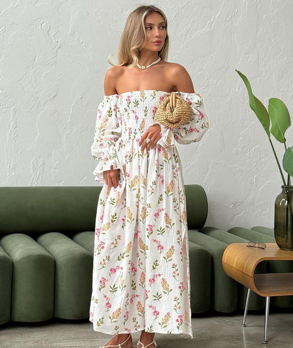 Women's Summer Cotton Dress 100% Elegant Ruffle Midi Floral Print Dress with Sid