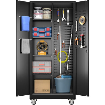 Garage Storage Cabinet with Wheels, Broom Closet Storage Cabinet with Pegboards and Adjustable Shelves, Metal Tool Cabinet