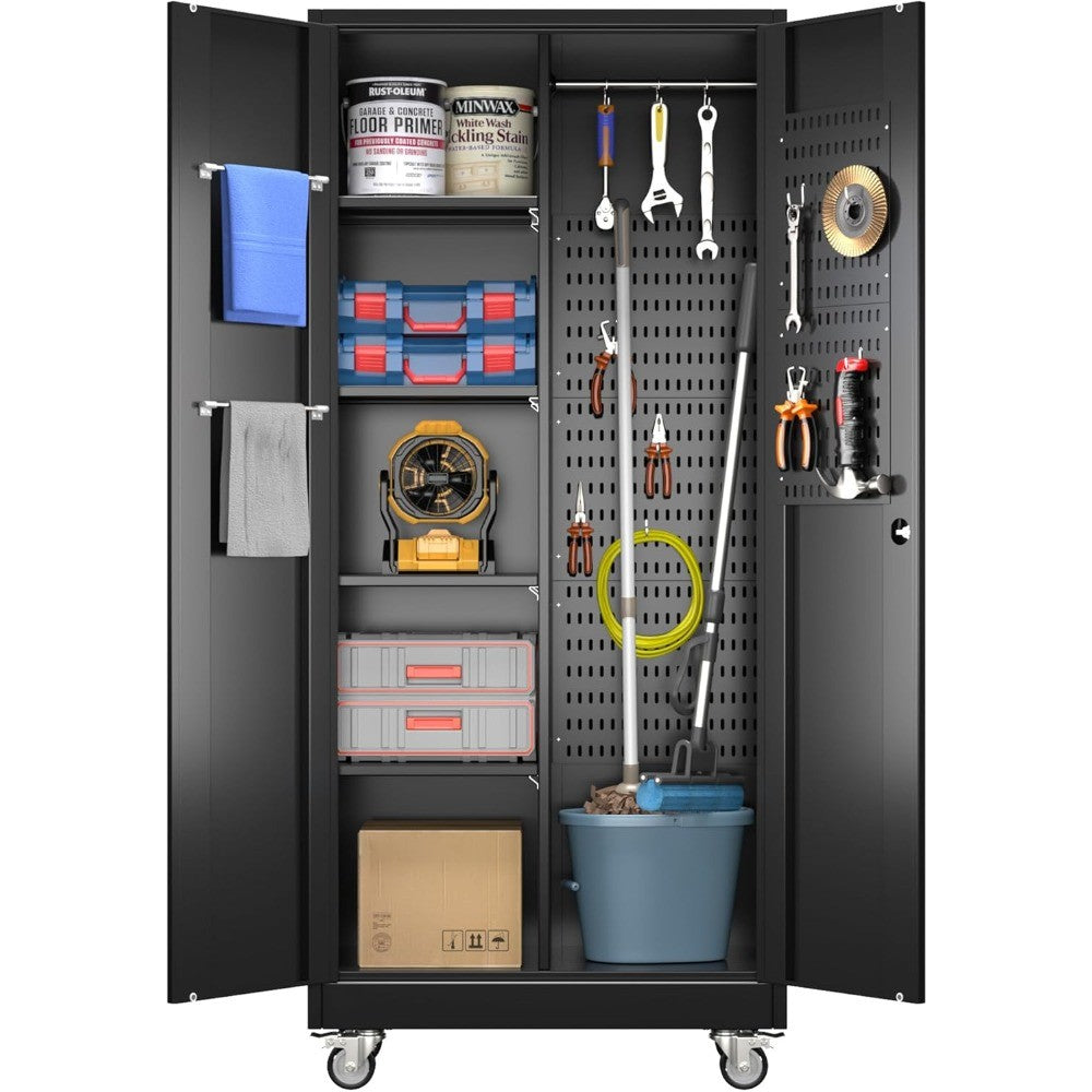 Garage Storage Cabinet with Wheels, Broom Closet Storage Cabinet with Pegboards and Adjustable Shelves, Metal Tool Cabinet