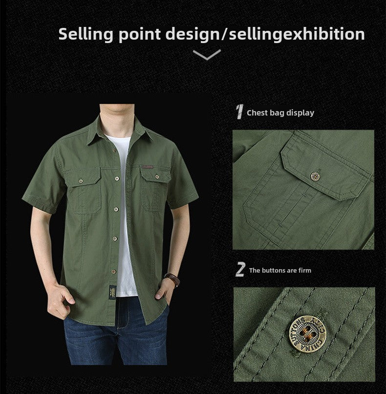 Summer Cargo Shirt Men's Casual Retro Cotton Pocket Short Sleeve Coat plus size Outdoor Camping Fishing Sweat Absorbing Shirt