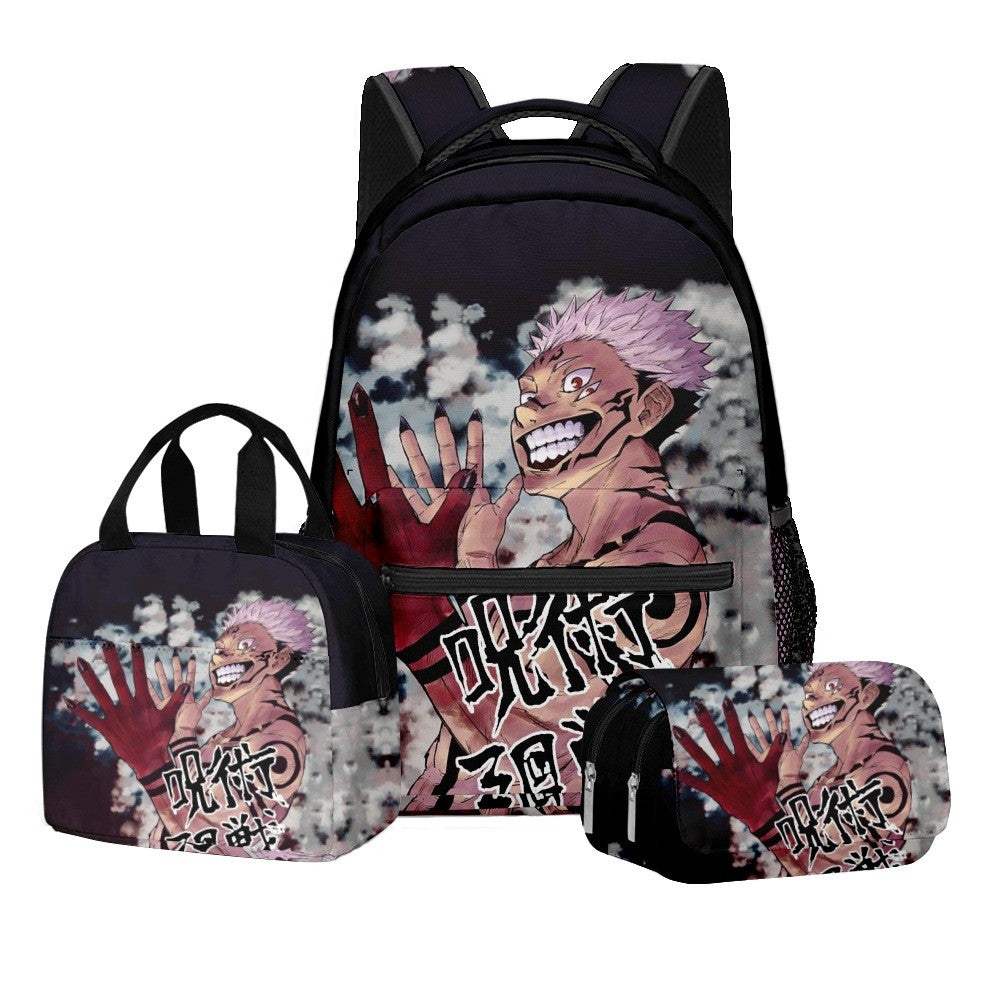 Anime Estampa Digital Jujutsu Kaisen Conjunto Escolar Mochila Grande Capacidade Lancheira Estojo de Lápis 2 Camadas 3 Peças Presente para Menino