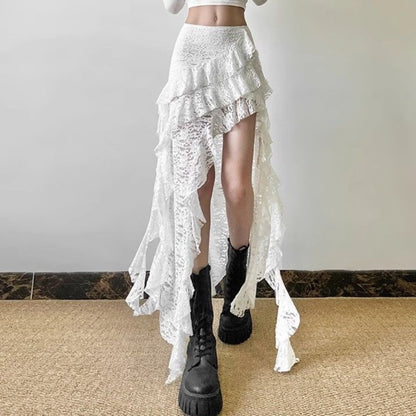 Gothic Skirt 2000s Summer Women's Clothes Gyaru Kpop Streetwear Lace High waist Casual Aesthetic Long Skrit Femme Hip hop Skirts