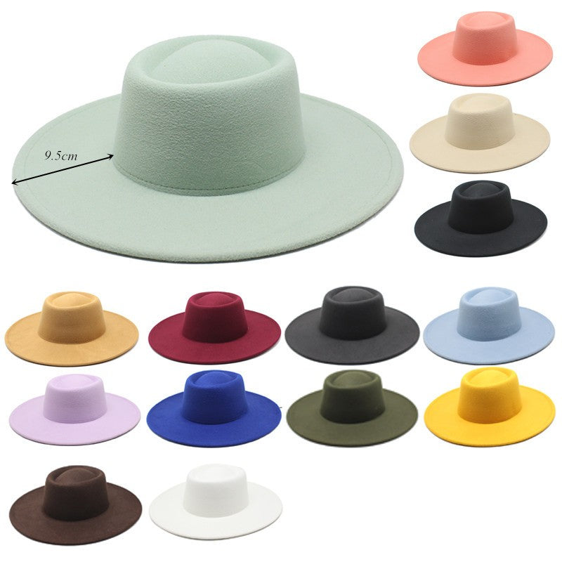 Classic British Style 9.5CM Big Wide Brim Fedora Hat For Women Fashion Autumn Winter Felt Church Hats Wedding Dress Jazz Cap