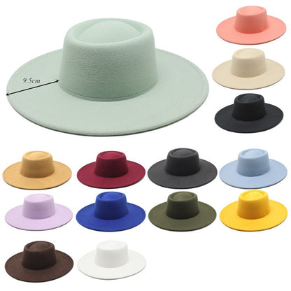 Classic British Style 9.5CM Big Wide Brim Fedora Hat For Women Fashion Autumn Winter Felt Church Hats Wedding Dress Jazz Cap