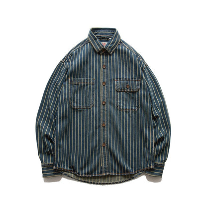American Retro Workwear Long Sve Denim irt Loose Casual Striped ket irt Youth Trend Autumn Wear Iron Free