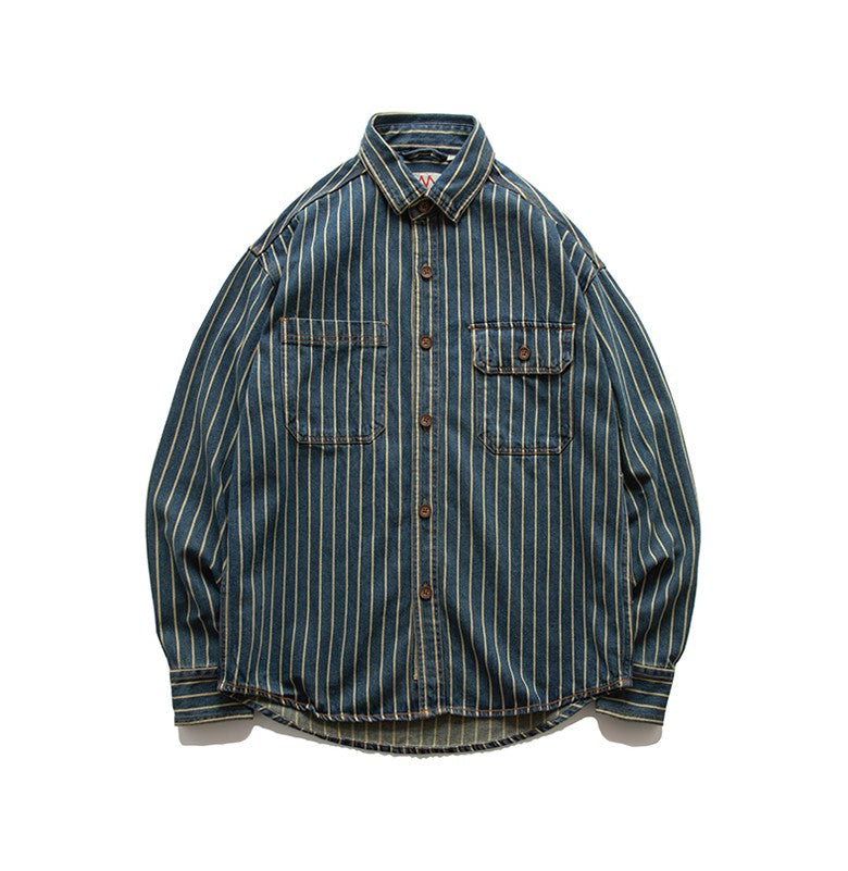 American Retro Workwear Long Sve Denim irt Loose Casual Striped ket irt Youth Trend Autumn Wear Iron Free