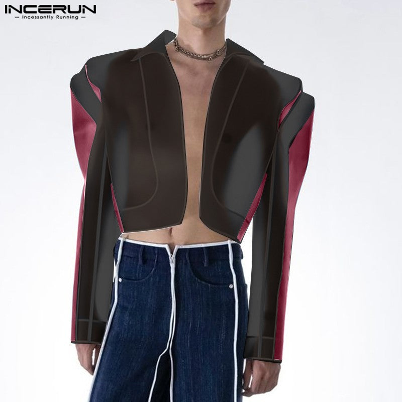 INCERUN Tops American Style Fashion Men Personality Splicing Contrast Color Suit Coat Casual Streetwear Male Long Sleeved Blazer